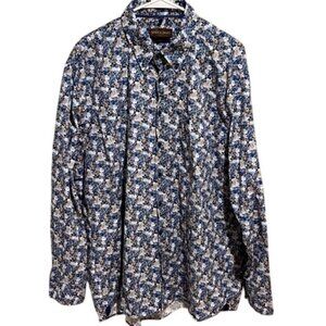 Patrick James Floral Button Up Dress Shirt In Blue & Brown W/ Long Sleeves XXL